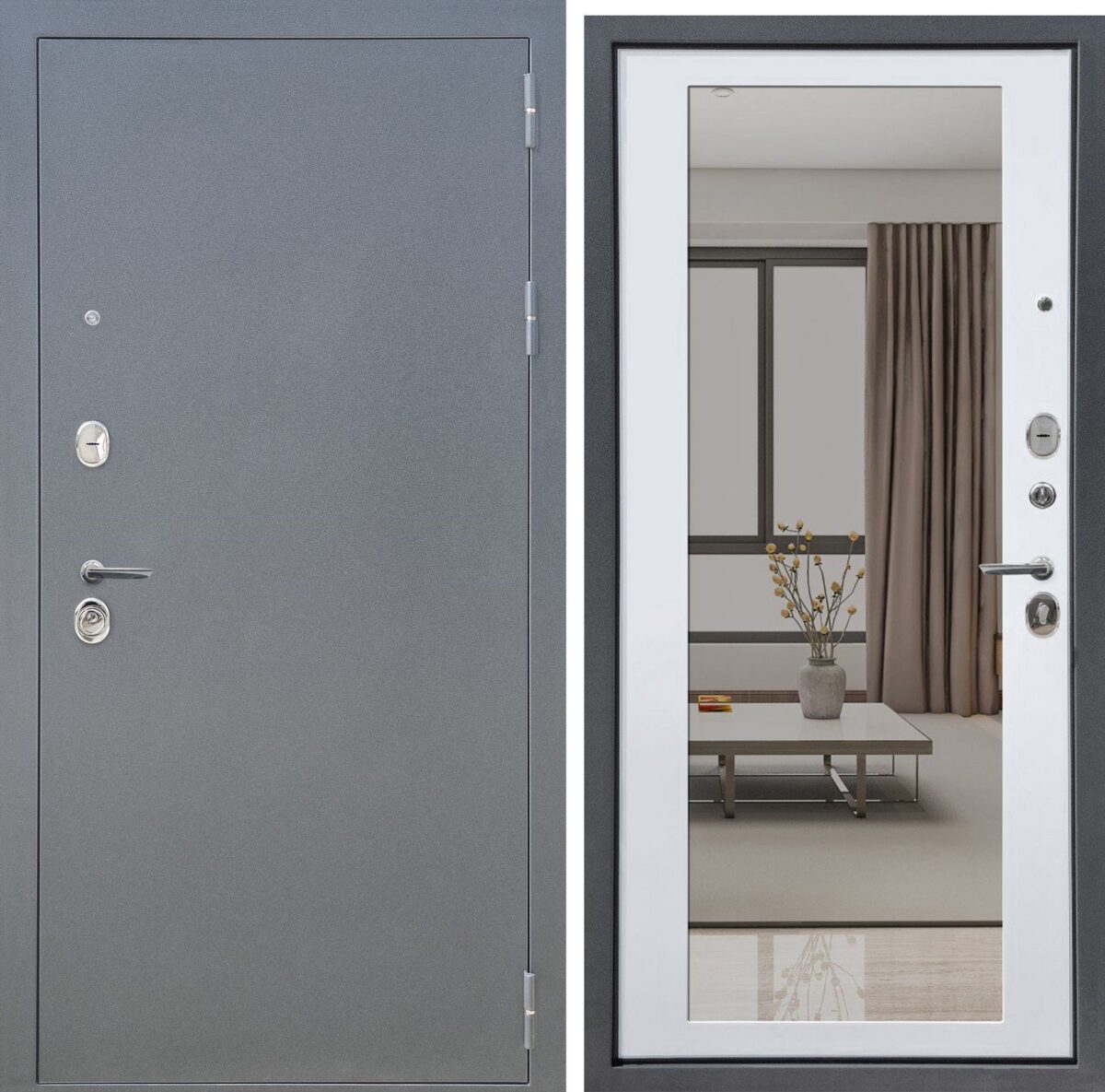 Входная металлическая дверь АРКАН (Зеркало) букле графит/ Велюто Биянко — изображение 3